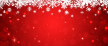 Beyaz kar tanelerinin çerçevesi kırmızı bokeh arkaplanlı ve ışıldıyor. Şenlikli Yeni Yıl ve Noel afişi