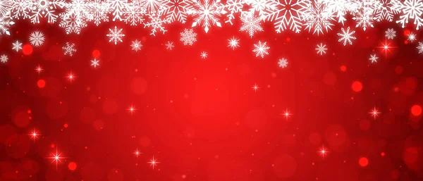 Beyaz kar tanelerinin çerçevesi kırmızı bokeh arkaplanlı ve ışıldıyor. Şenlikli Yeni Yıl ve Noel afişi