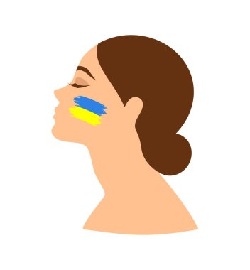 Gözleri kapalı ve yüzünde Ukrayna bayrağı olan bir kız.