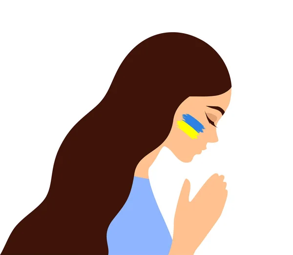 Девушка Закрытыми Глазами Украинским Флагом Лице Молится Украину — стоковый вектор