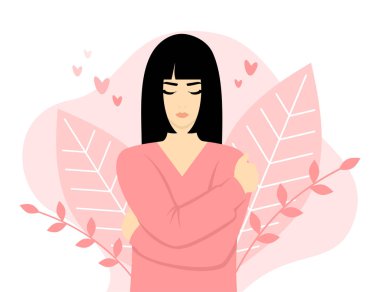 Siyah saçlı ve gözleri kapalı güzel Asyalı kadın kendine sarılıyor. Kendini sevme kavramı. Pembe tonlarda düz çizim