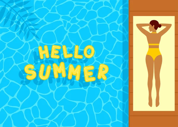 Young Woman Yellow Swimsuit Lying Beach Towel Blue Pool Yellow — Wektor stockowy
