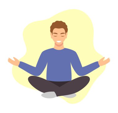 Young man with closed eyes and a smile meditating in a lotus position
