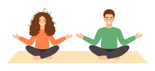 Young Couple Meditating Together Woman Man Sitting Closed Eyes Mat — Wektor stockowy