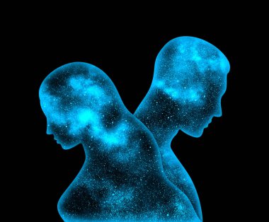Blue space man and woman stand back to back on a black background