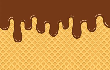 Çikolatalı dondurma sarı çıtır waffle 'dan aşağı akıyor. Tatlı geçmişi nefis. Düz vektör illüstrasyonu