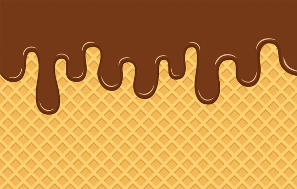 Chocolate Ice Cream Flows Yellow Crispy Waffle Delicious Dessert Background — Image vectorielle