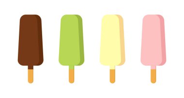 Çubuklu dondurma, yeşil, vanilyalı ve pembe jöleli beyaz arka planda. Dondurma vektörü seti