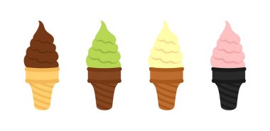 Çikolata, şam fıstığı, vanilya ve pembe çilekli dondurma sarı, kahverengi ve siyah waffle külahları beyaz arka planda izole edilmiş. Vektör dondurma seti