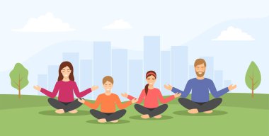 Aile, nilüfer çiçeğinin üzerinde birlikte meditasyon yaparken şehir geride kaldı. Düz biçimli vektör illüstrasyonu