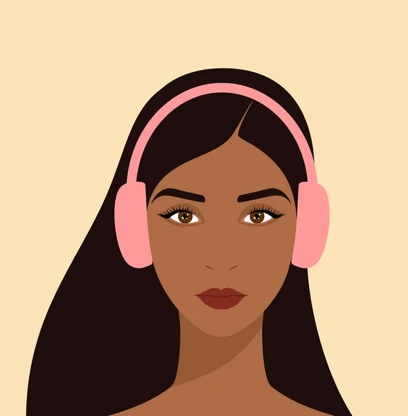 Portrét Mladé Krásné Ženy Dlouhými Hnědými Vlasy Růžovými Sluchátky — Stockový vektor