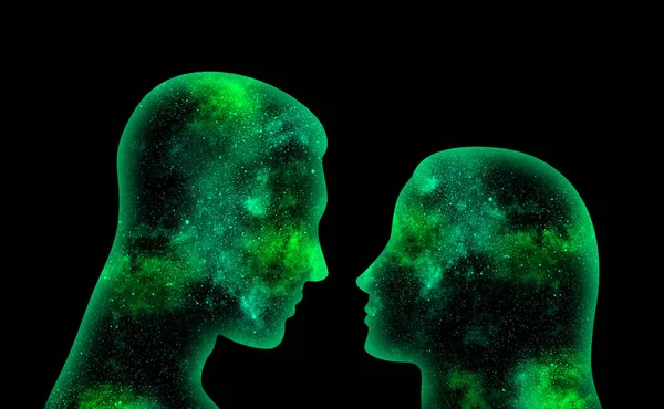 Green Space Couple Look Each Other Black Background — Stock Photo, Image