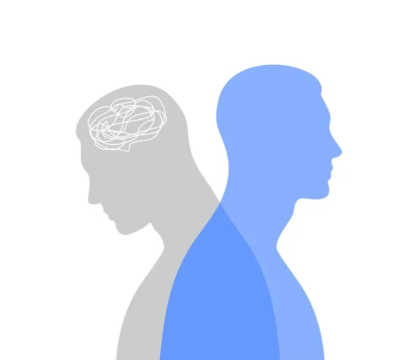 半透明の灰色の投影とプロファイルの青い男性のシルエット 精神衛生の概念 二重性と隠された感情 — ストックベクタ