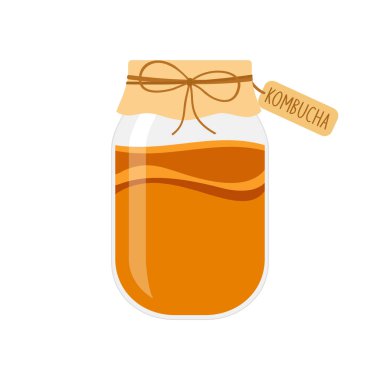 Beyaz arka planda cam kavanozda ev yapımı mayalanmış kombu çayı. 