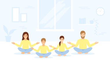Günlük kıyafetlerle evde birlikte meditasyon yapan bir aile. Düz biçimli vektör illüstrasyonu