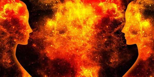 Силуэты Женского Сияния Фоне Красной Желтой Звездной Вселенной — стоковое фото