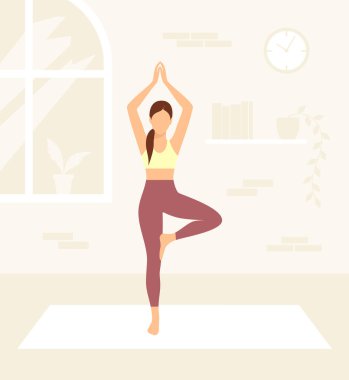 Evde yoga yapan genç bir kadın. Düz biçimli vektör illüstrasyonu