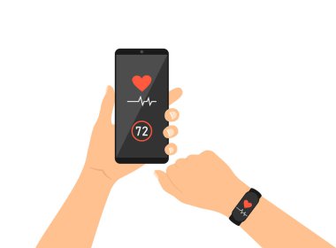 Fitness bilekliği ve telefon uygulaması ile kalp atışlarını izliyordum. Beyaz arkaplanda telefon ve fitness takip cihazı olan eller 
