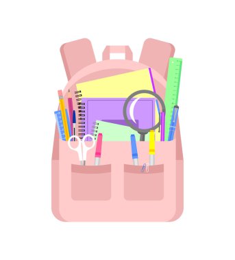 Beyaz arka planda okul kağıtları olan açık pembe bir sırt çantası. Okul konseptine geri dönelim. Düz biçimli vektör illüstrasyonu
