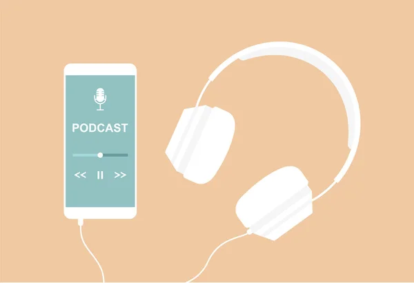 Smartphone Blanco Con Una Aplicación Para Escuchar Podcasts Pantalla Auriculares — Vector de stock