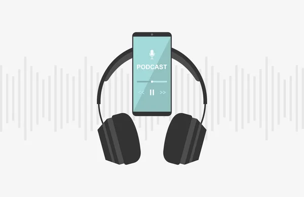 Smartphone Móvil Con Aplicación Podcast Pantalla Auriculares Segundo Plano Con — Vector de stock