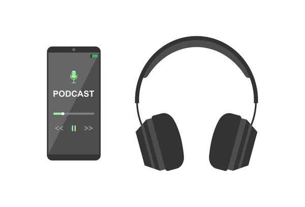 Smartphone Móvil Con Aplicación Podcast Pantalla Auriculares Fondo Blanco Ilustración — Vector de stock