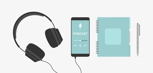 Smartphone Con Aplicación Podcast Pantalla Auriculares Negros Portátil Azul Pluma — Vector de stock