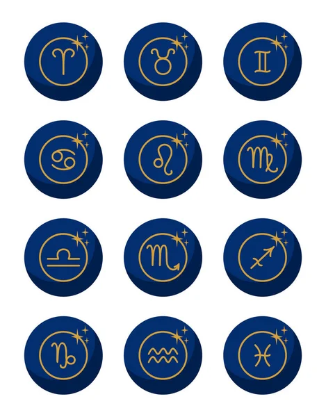 Set Signos Zodiacales Azules Dorados Ilustración Vectorial Plana — Vector de stock