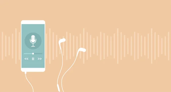 Smartphone Móvil Con Aplicación Podcast Pantalla Auriculares Fondo Melocotón Con — Vector de stock