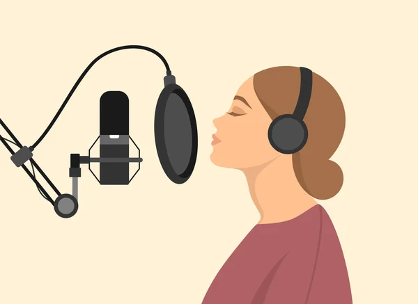 Vocalist Girl Headphones Singing Microphone Studio Song Recording Process Flst — Vetor de Stock