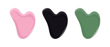 Pembe kuvars, siyah obsidiyen ve yeşil yeşim taşları beyaz arka planda izole edilmiş. Yüz masajı seti. Vektör illüstrasyonu