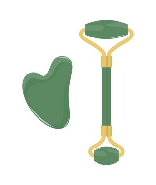 Yeşil yeşillik gua sha taşı ve beyaz arka planda izole edilmiş masaj silindiri. Vektör illüstrasyonu