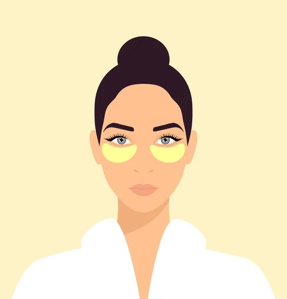 Junge Frau Weißen Bademantel Mit Goldenen Augenklappen Gesicht Tägliche Hautpflege — Stockvektor