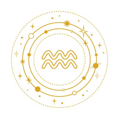 Altın Kova işareti, beyaz arka plandaki gezegenler ve yıldızlarla biçimlendirilmiş.