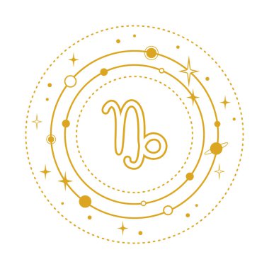 Golden Capricorn sign stylized with planets and stars in orbits on a white background