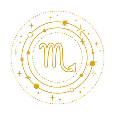Golden Scorpio sign stylized with planets and stars in orbits on a white background
