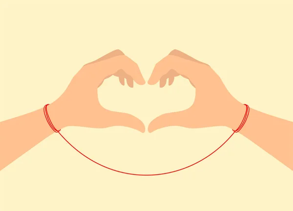 Deux Mains Liées Par Fil Rouge Destin Montrant Signe Cardiaque — Image vectorielle