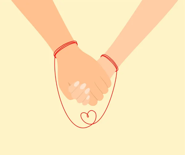 Couple Holding Hands Connected Red Thread Fate Vector Illustration — Stok Vektör