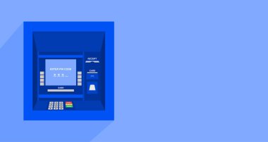 Blue ATM on blue background with copy space. Vector illustration