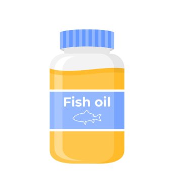 Şeffaf bir şişede sıvı omega-3 balık yağı. Düz vektör illüstrasyonu