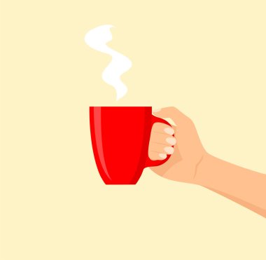 A hand holding a red cup with a hot drink. Flat vector illustration