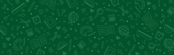 Green school background with hand drawn school stationery icons. Back to school concept. Vector illustration