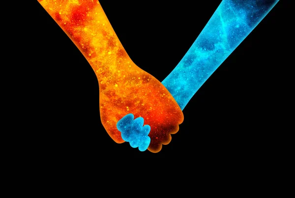 Male Female Hands Form Orange Blue Universe Holding Each Other — Photo