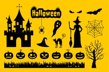 Collection of black Halloween silhouettes on a yellow background. Vector illustration