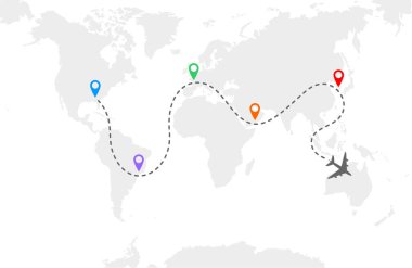 A gray airplane flying over a world map. Gray dashed route line and colored stop icons. Vector illustration