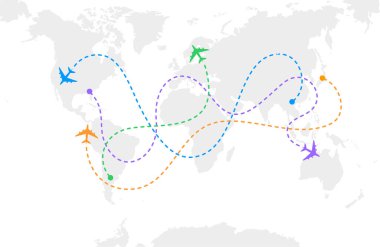 Colored planes and lines of air routes on a gray world map. Vector illustration