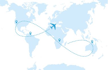 A blue airplane flying over a blue world map. Dashed route line and stop icons. Vector illustration