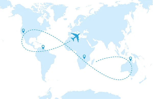 Blue Airplane Flying Blue World Map Dashed Route Line Stop — Stockvector