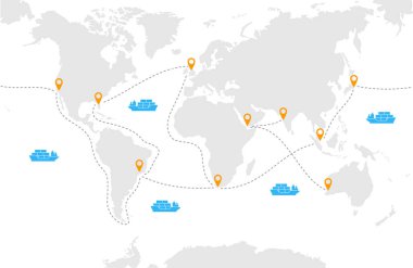 World map with ships, sea ports and transport routes. Vector illustration