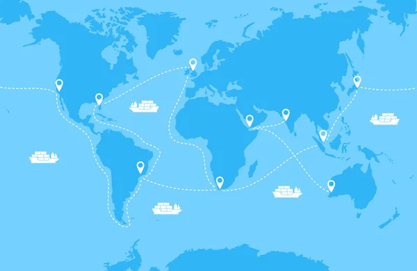 Blue World Map White Ships Sea Transport Routes Vector Illustration — Stockvector